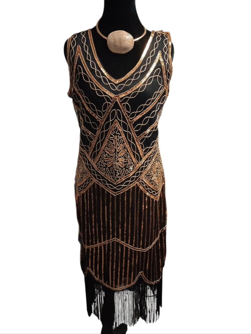 Beautiful Gold-Embroidered Black Flapper Dress, Size M